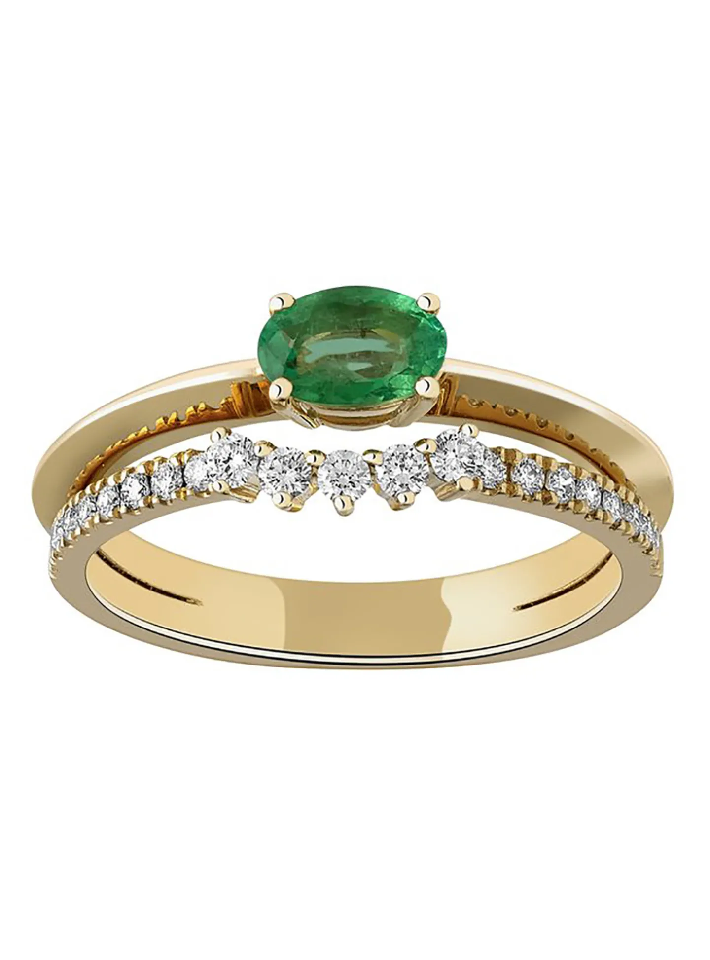 Bague double anneau or jaune émeraude diamants