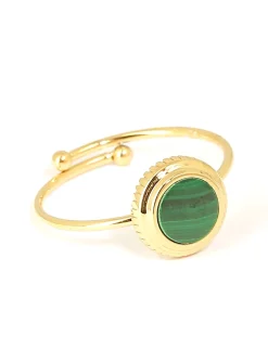 Bague Zag Bijoux motif rond acier doré malachite