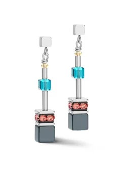 Boucles d'oreilles Coeur de lion rouge bleu argenté