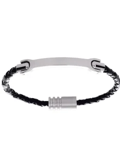 Bracelet homme acier cuir tressé et plaque