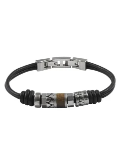 Bracelet homme Fossil cuir noir et perles en acier
