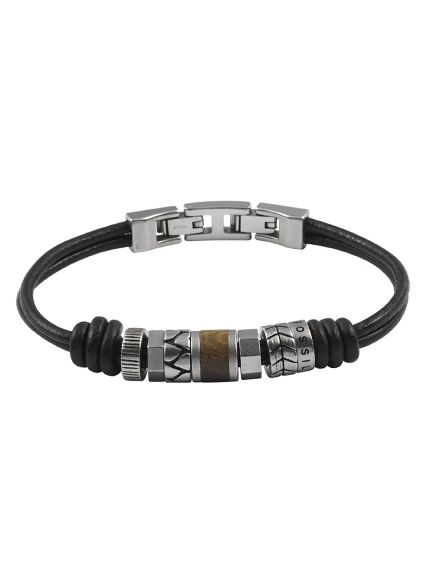 Bracelet homme Fossil cuir noir et perles en acier