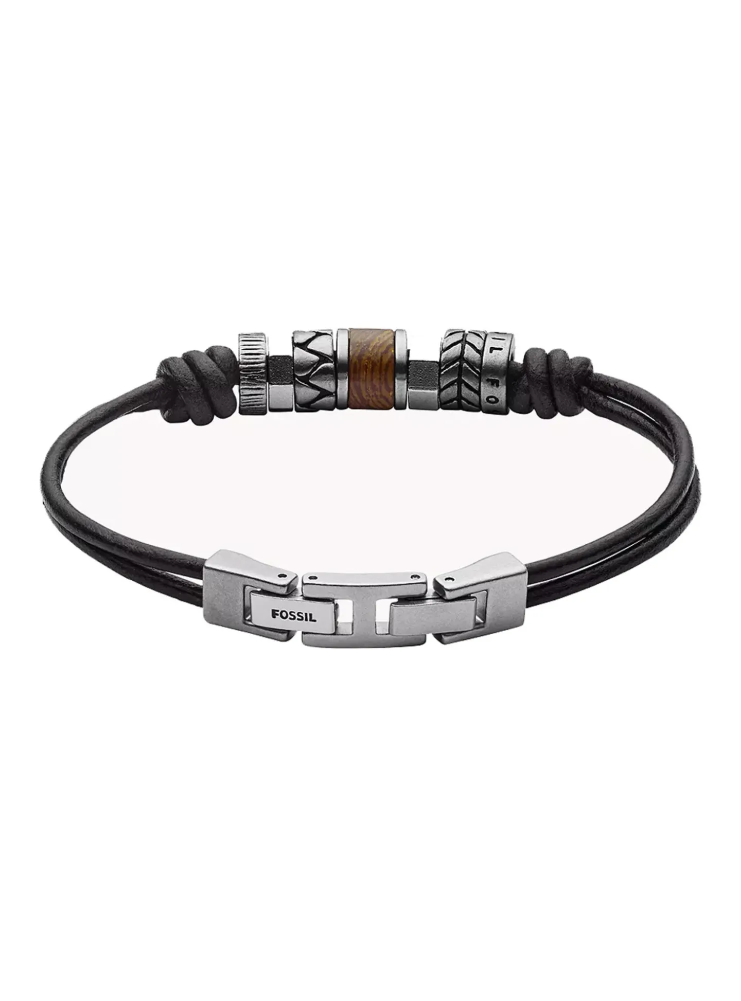 Bracelet homme Fossil cuir noir et perles en acier