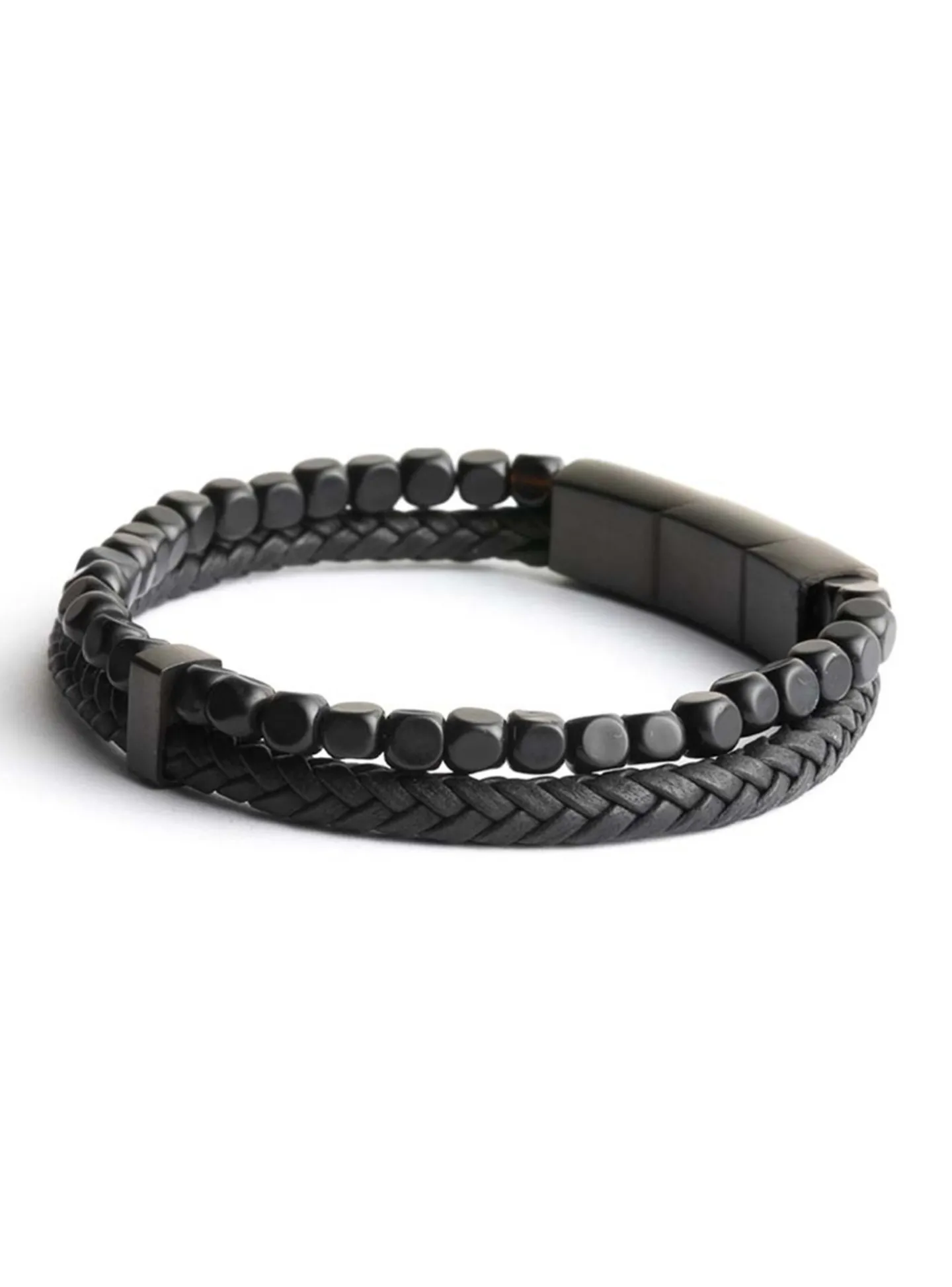 Bracelet homme Gemini agate noire/cuir M-L