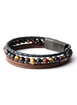 Bracelet homme Gemini triple oeil de tigre/cuir