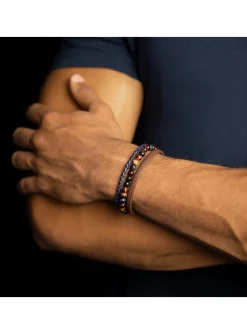 Bracelet homme Gemini triple oeil de tigre/cuir