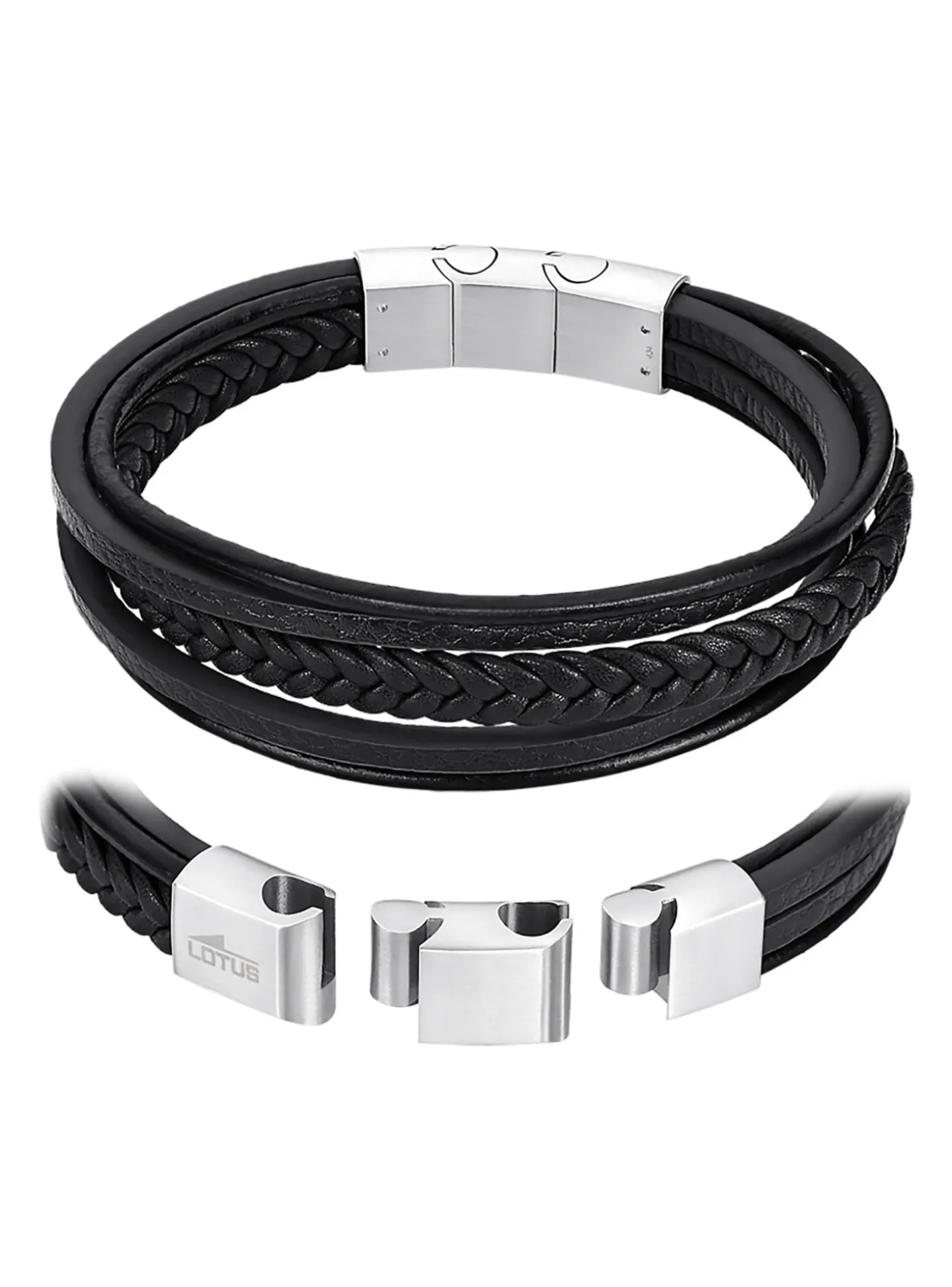 Bracelet homme Lotus multirang cuir noir acier