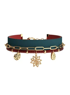 Bracelet Les Cadettes multirangs Nénuphar_x005f_x000D_cuir bleu pétrole et framboise