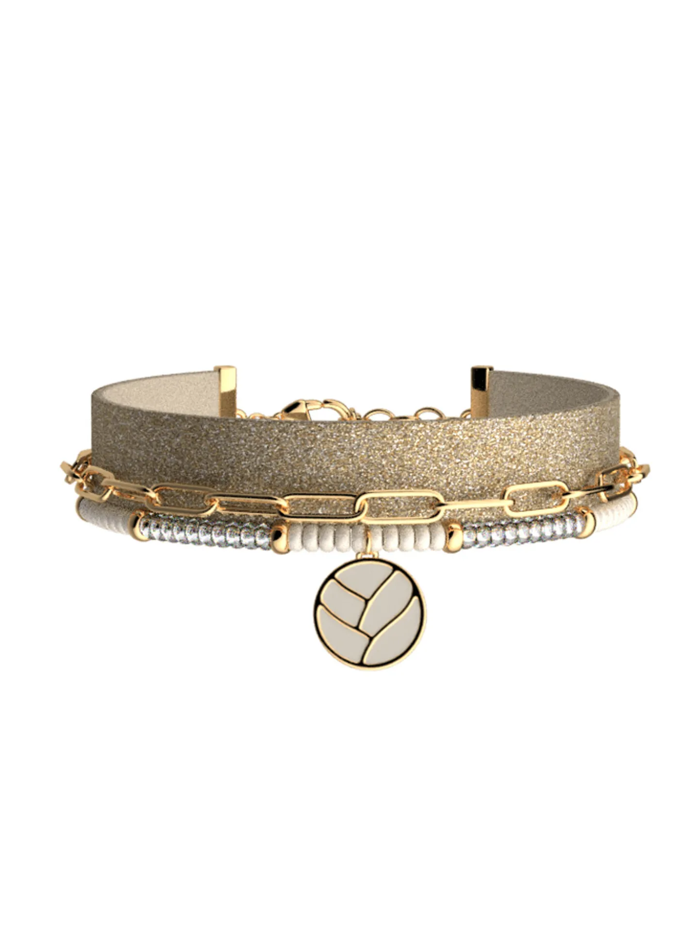 Bracelet Les Cadettes triple rangs lotus_x005f_x000D_cuir crème et paillettes dorées