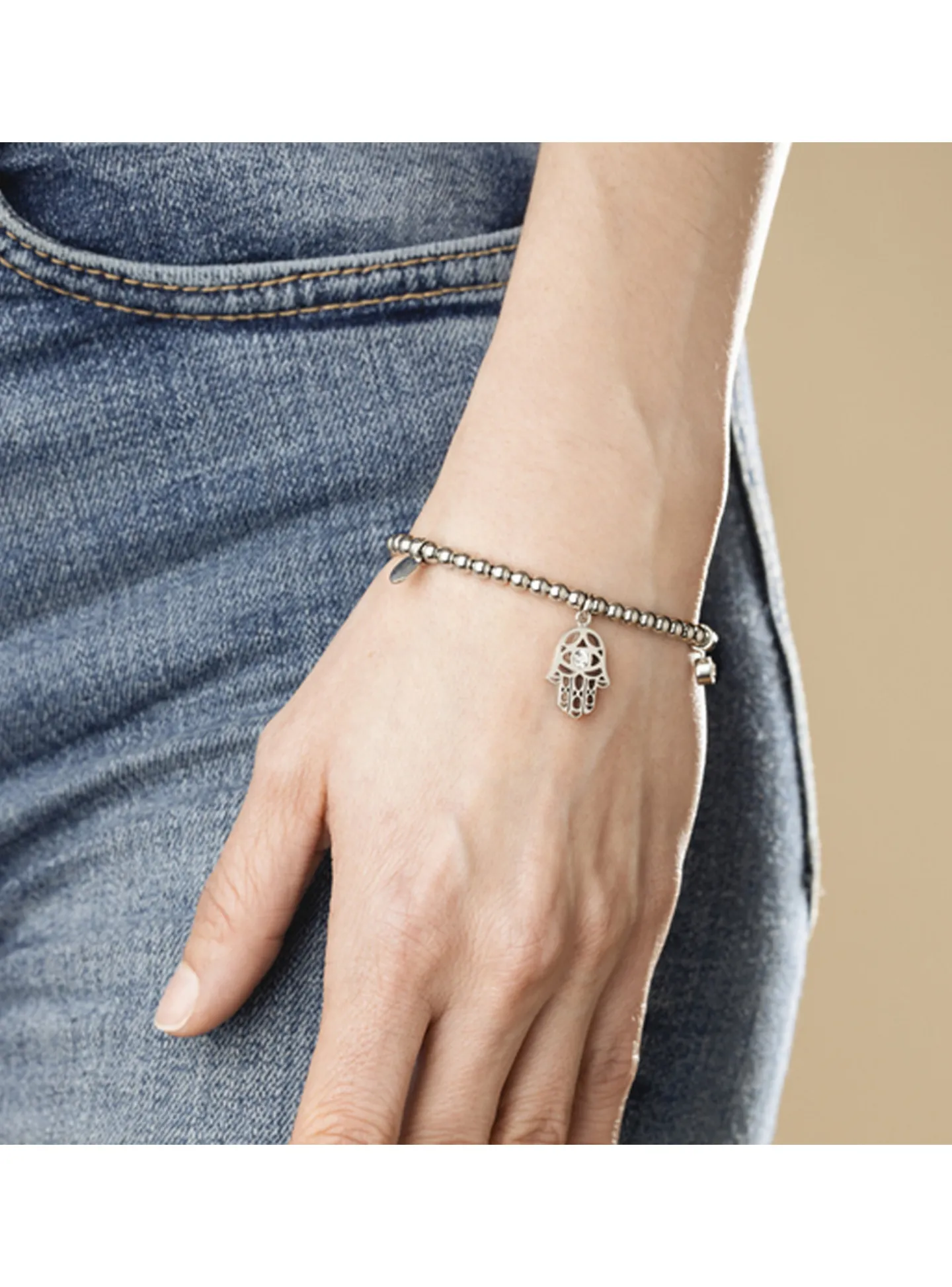 Bracelet Lotus main de Fatma et boules en acier