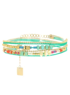 Bracelet Zag Bijoux multi-rangs coton vert_x005f_x000D_acier doré mix de pierres