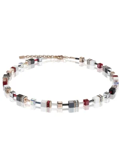 Collier Coeur de Lion Géocube perles carrées_x005f_x000D_tons rouges, noirs, blancs