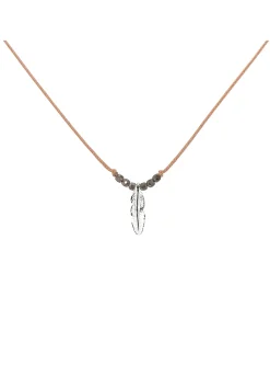 Collier Fil Beige Perles Argent et Plume