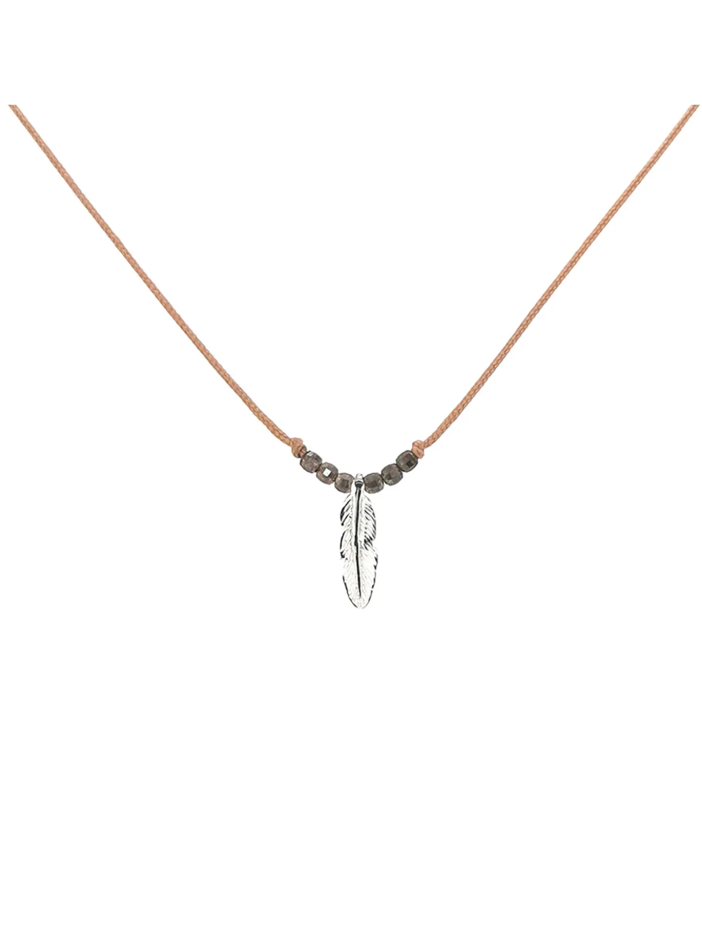 Collier Fil Beige Perles Argent et Plume
