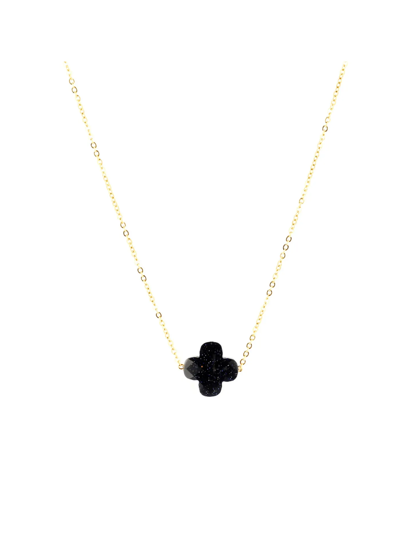 Collier Zag Vega acier doré trèfle bleu pailleté
