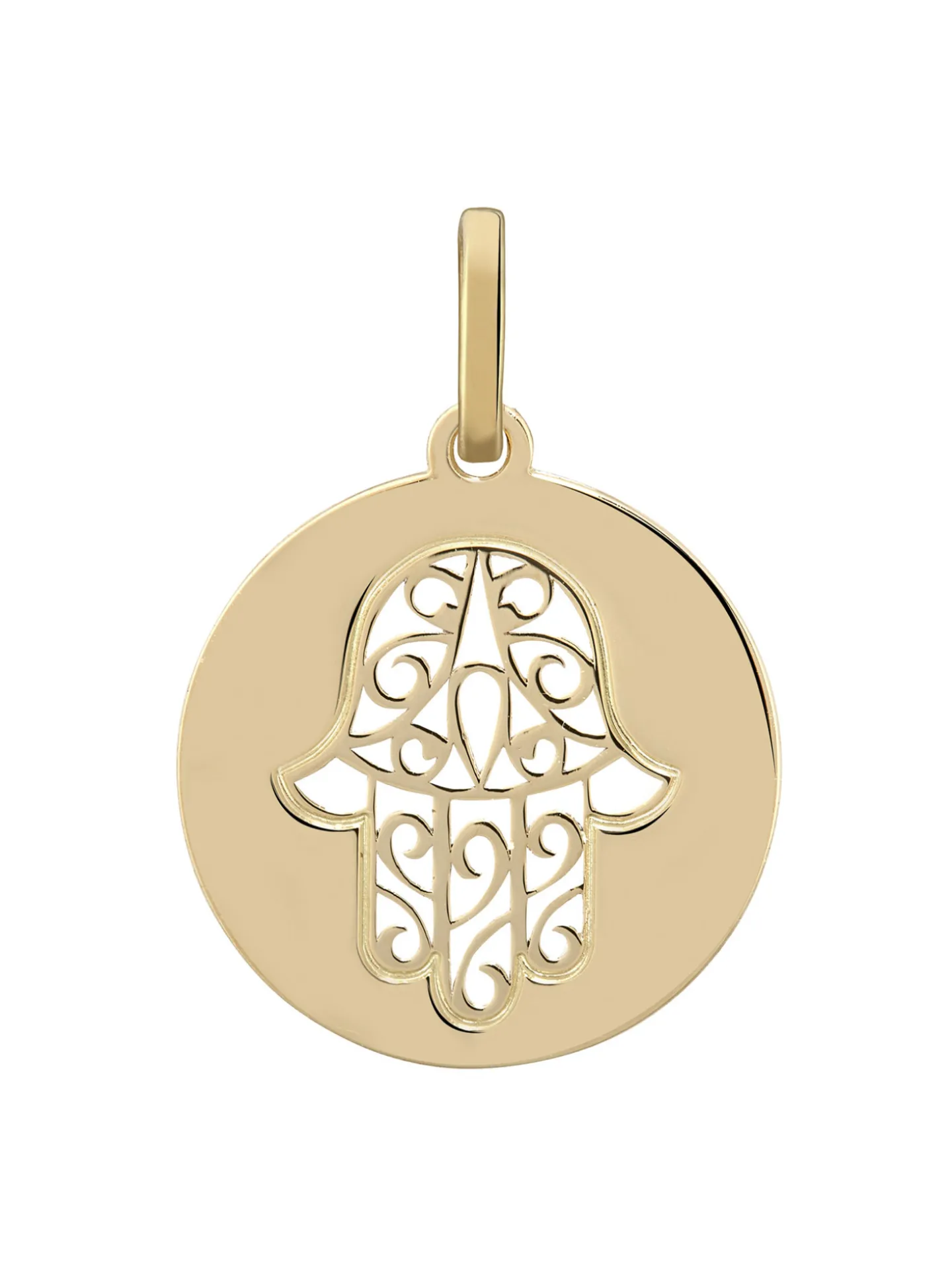Médaille ronde or jaune main de Fatma ajourée