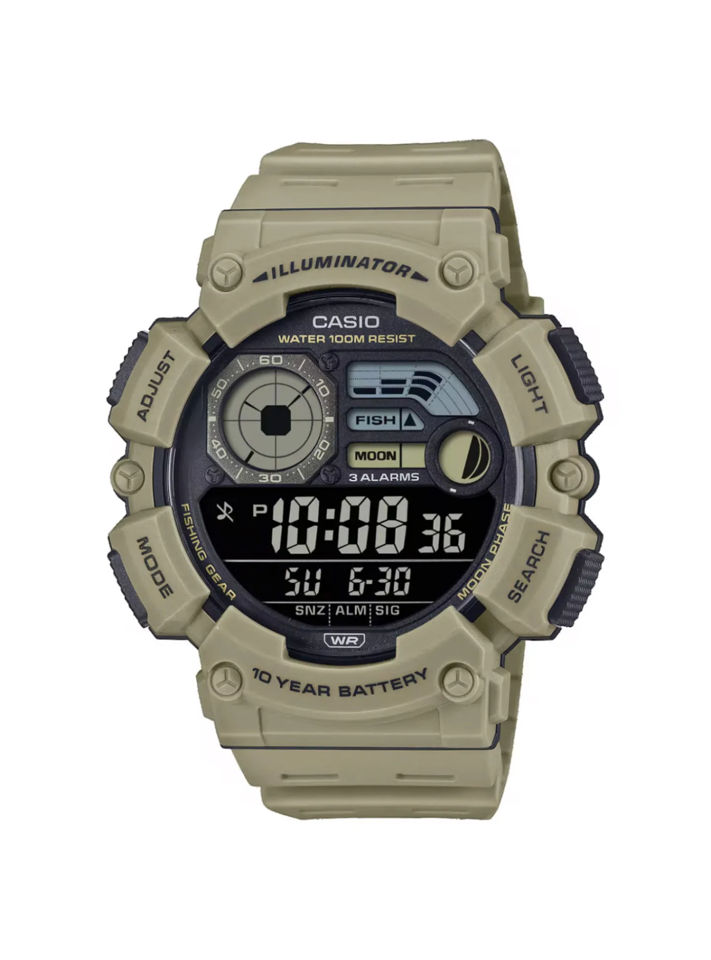 Montre Casio multifonctions résine beigephases lunaires/mode pêche