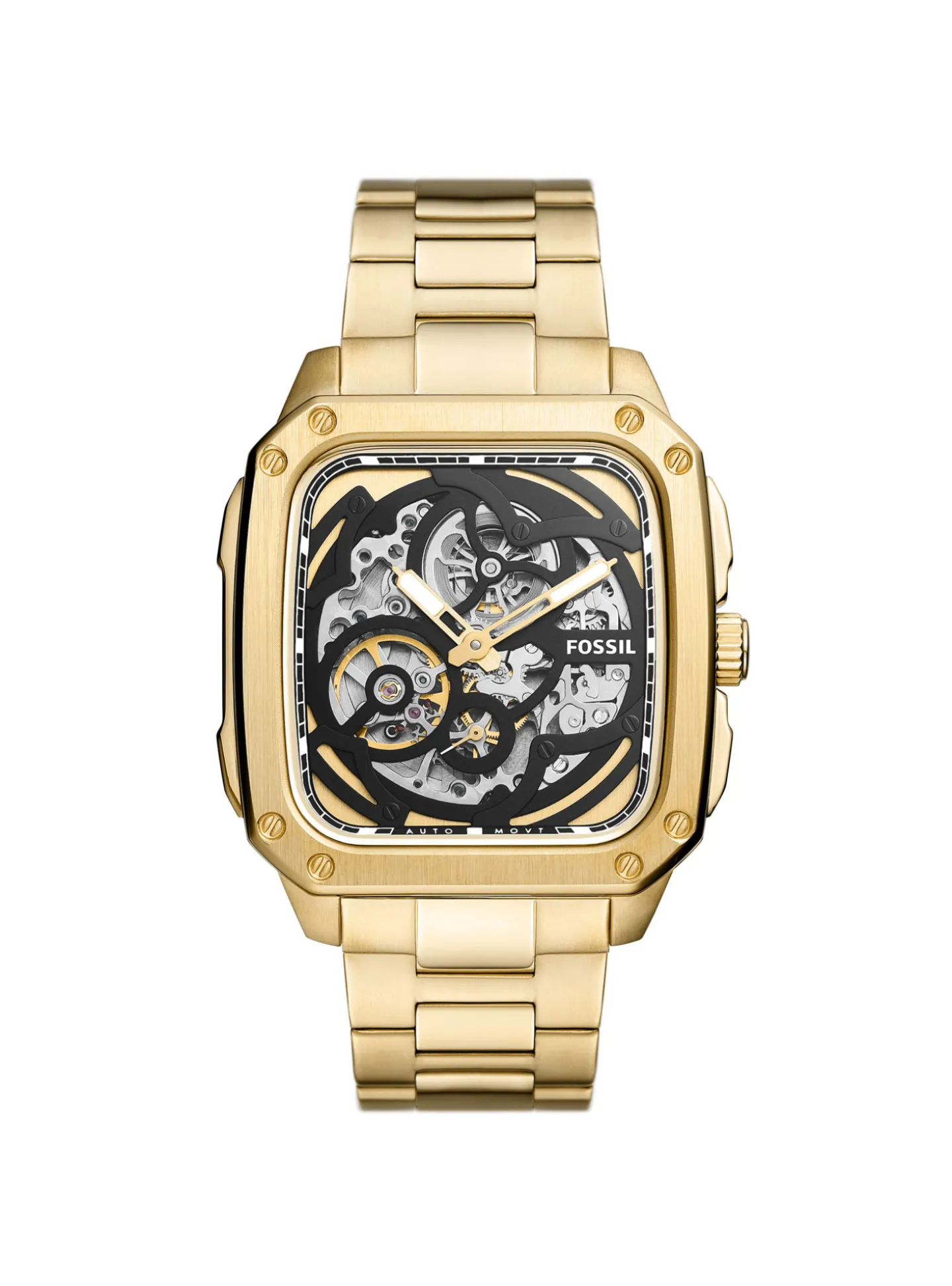 Montre Fossil automatique Inscription acier dore