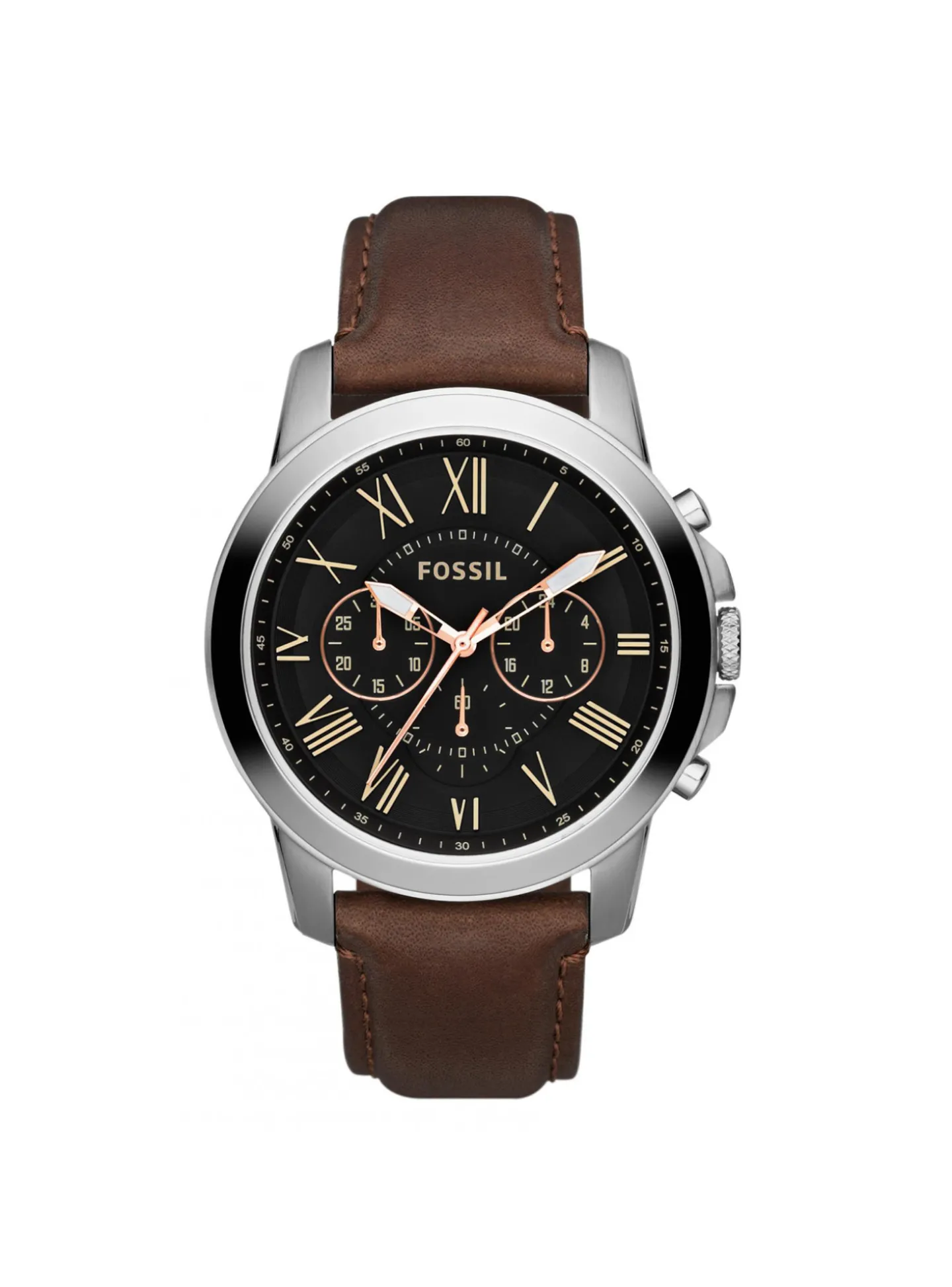 Montre Fossil Grant cadran noir bracelet cuir marron