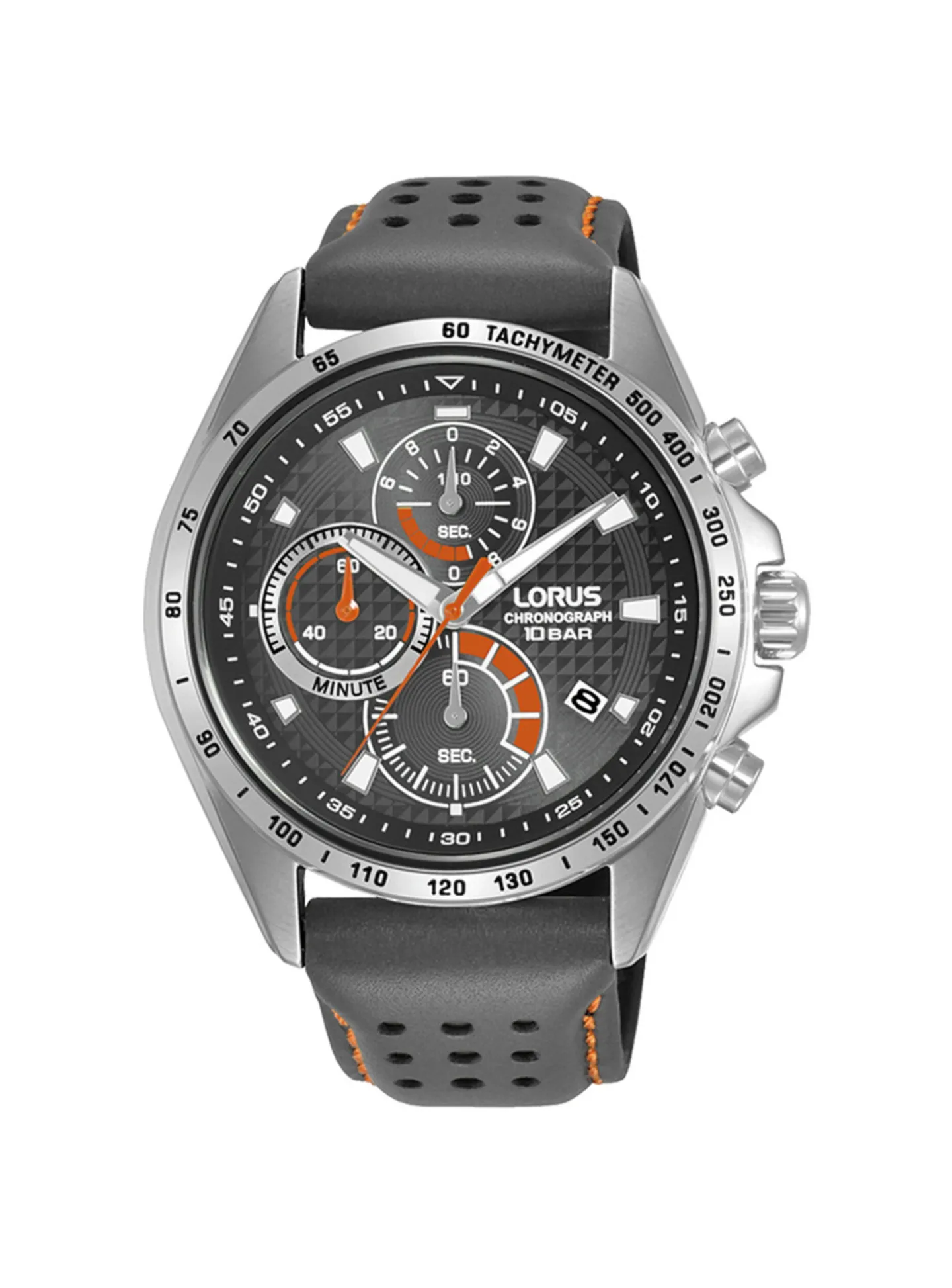 Montre Lorus sport cuir gris cadran noir/orange
