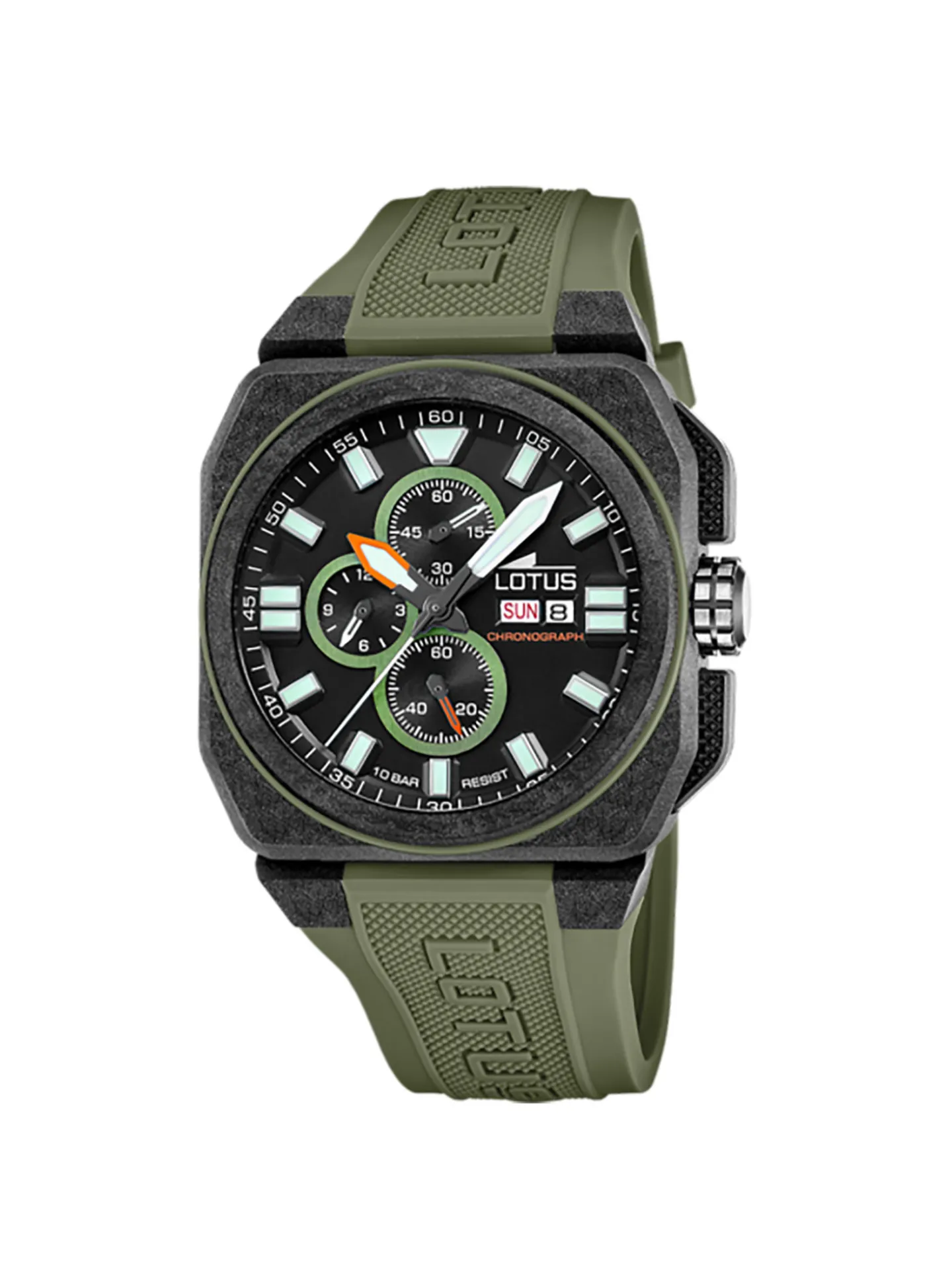 Montre Lotus carrée chrono caoutchouc vert kaki