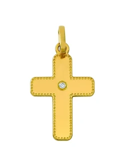 Pendentif croix Brillaxis liseré perlé or diamant