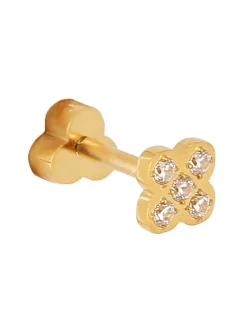 Piercing Zag Bijoux acier doré trèfle zirconium